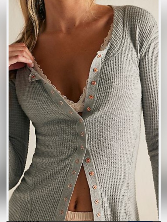 Free People Tops - Free People Light Gray Waffle Knit Snap-Front Top